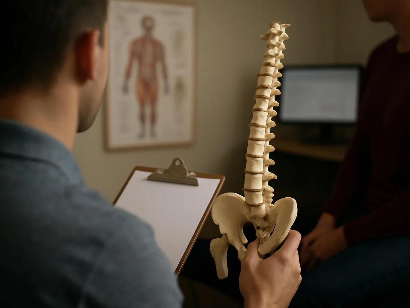 A person holds a spine model in a clinic room while another sits nearby and an anatomy poster hangs behind them