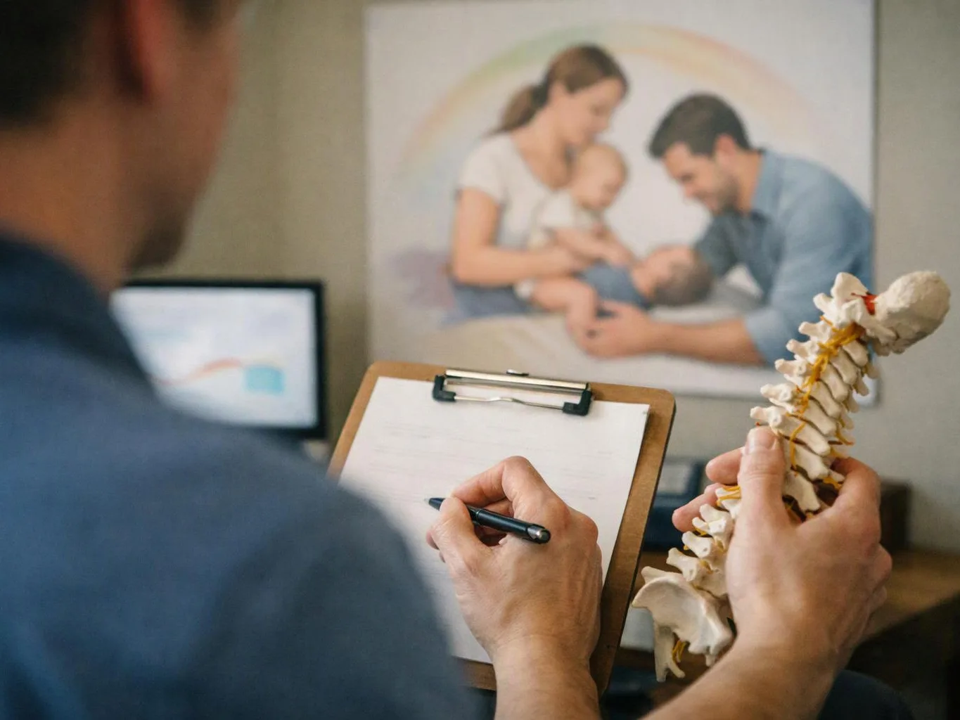 A person holds a spine model and writes on a clipboard, with a blurred family photo in the background