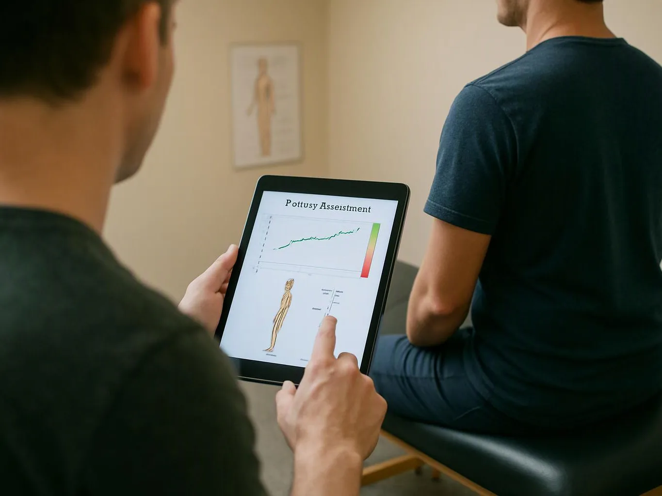 A person holds a tablet showing an assessment chart while another person sits on a treatment table in a clinic room