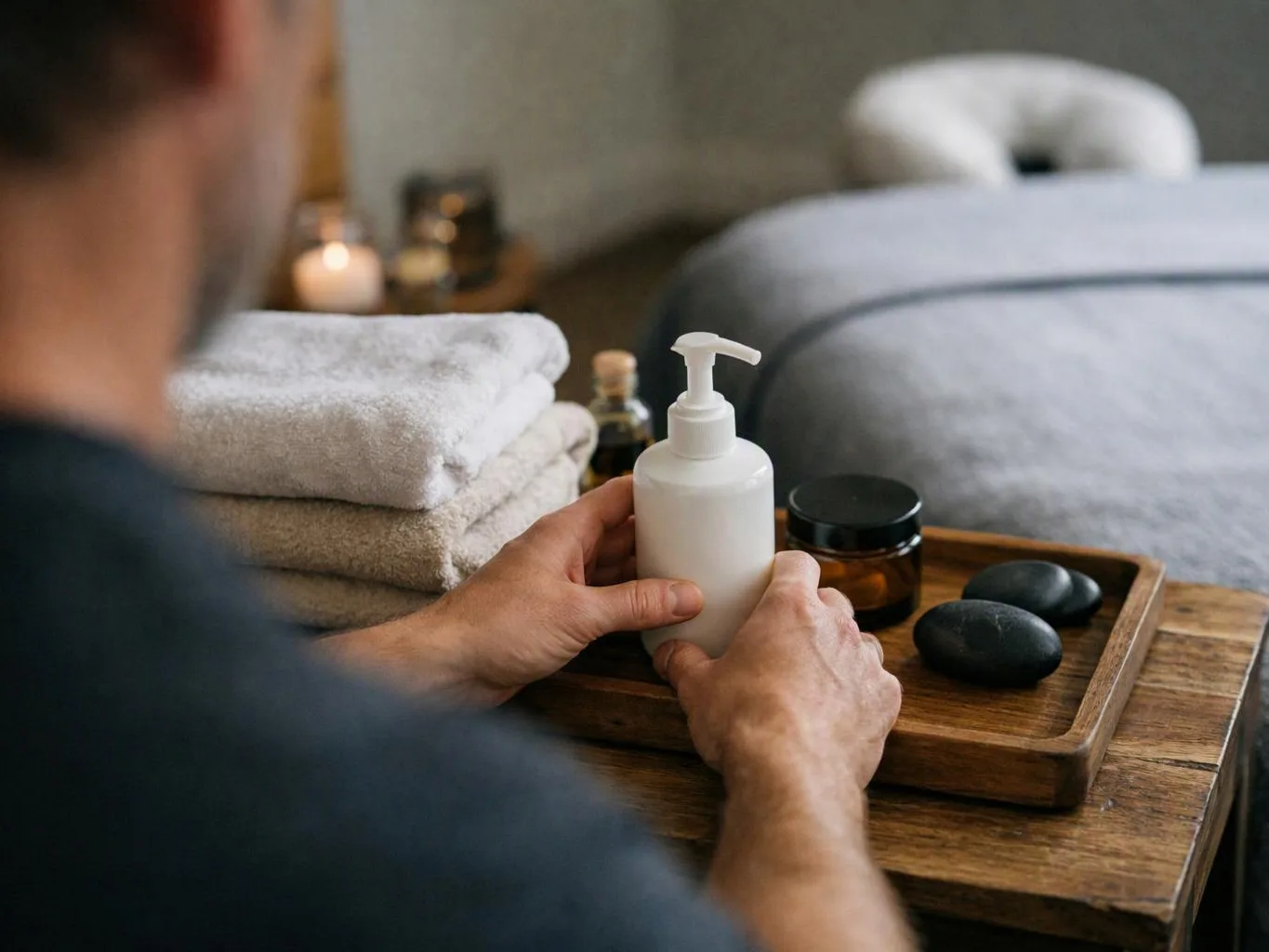 A person places a white pump bottle on a wooden tray beside towels, candles, and massage stones