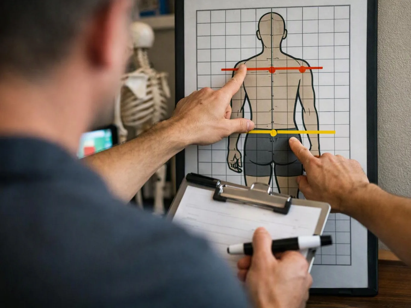 A person points at a body alignment chart while holding a clipboard in a clinic setting