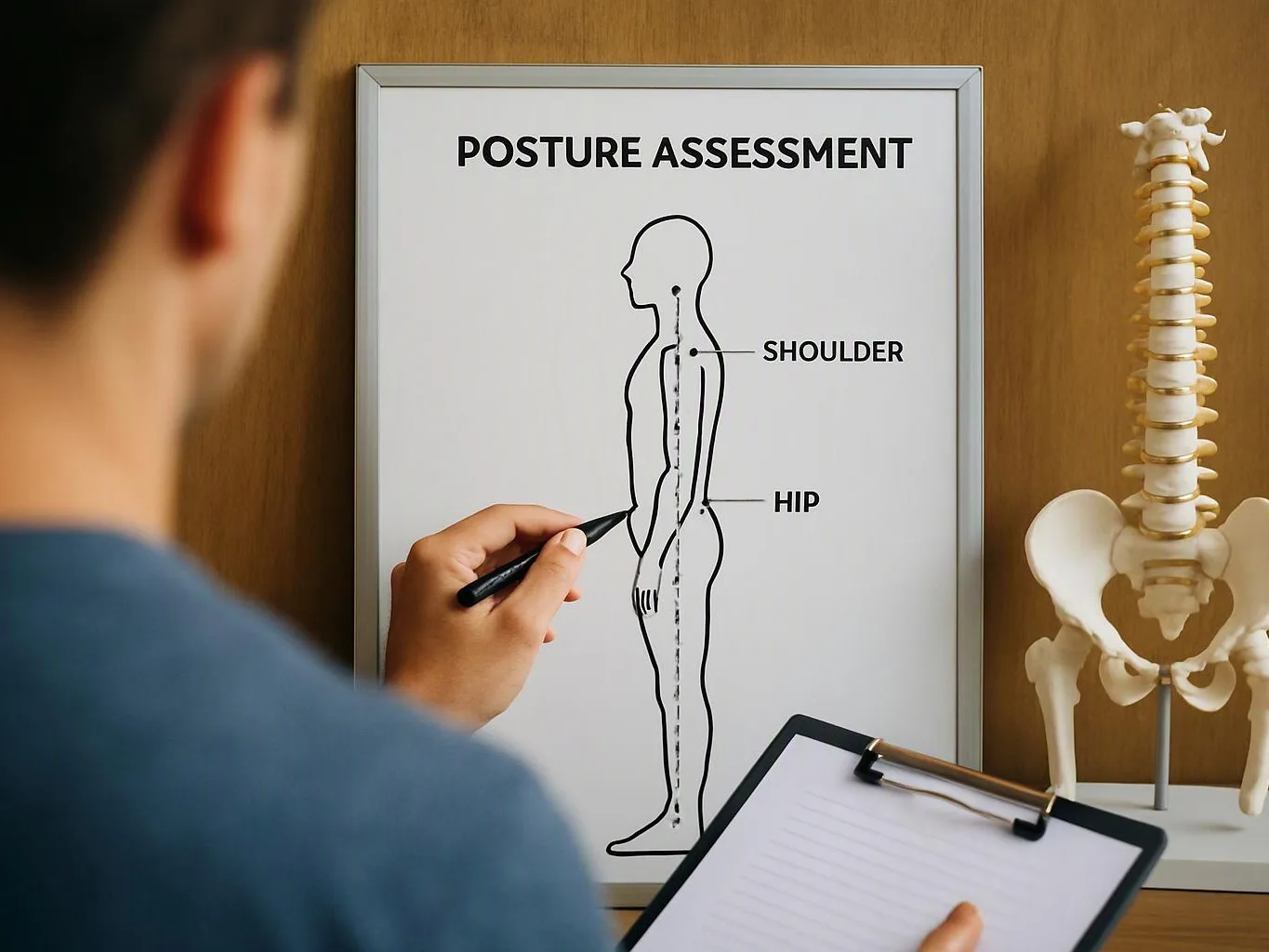 A person points at a posture assessment chart beside a spine and pelvis model on a desk