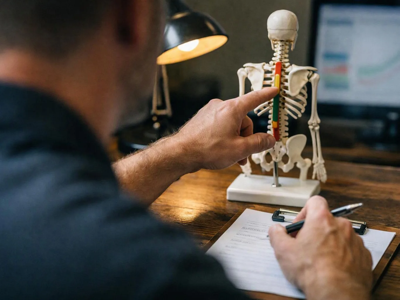 A person points at a small skeleton model on a desk while holding a pen over a clipboard