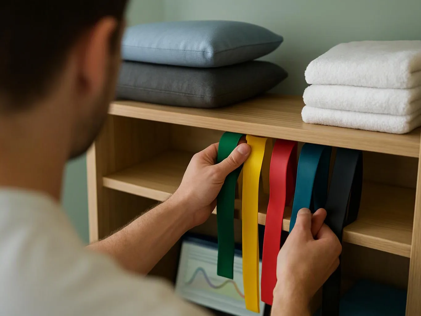 A person reaches for colorful resistance bands on a wooden shelf beside folded towels and cushions
