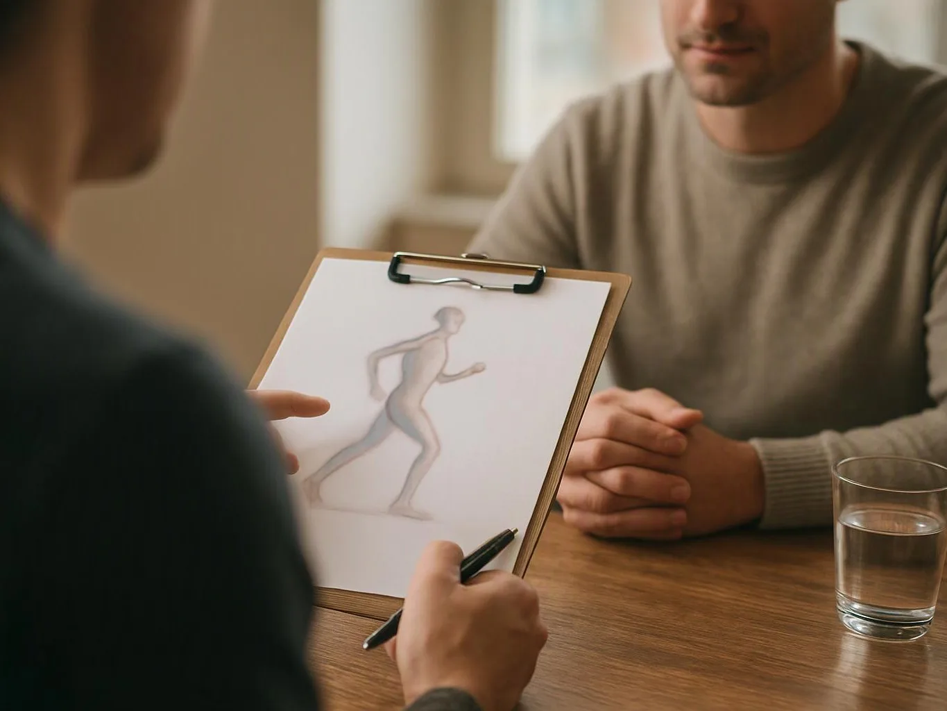 A person shows a clipboard sketch of a running figure across a table to a seated man