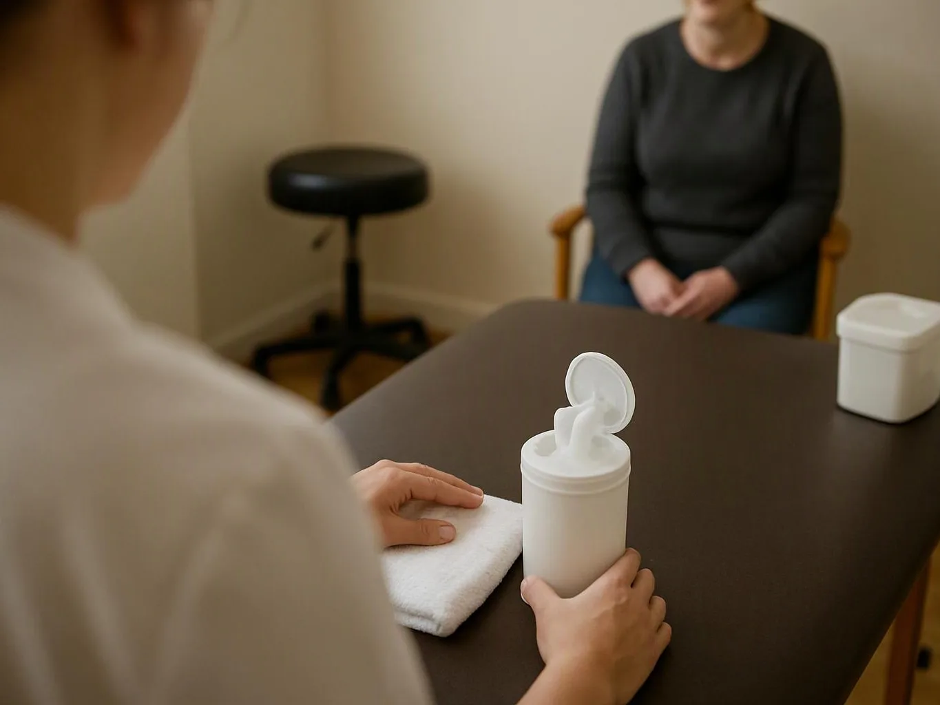 A person slides a white wipe container across a table toward a seated woman in a small room