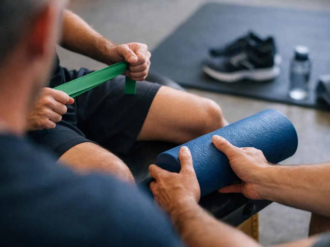A person stretches with a green resistance band while another holds a blue foam roller in a gym