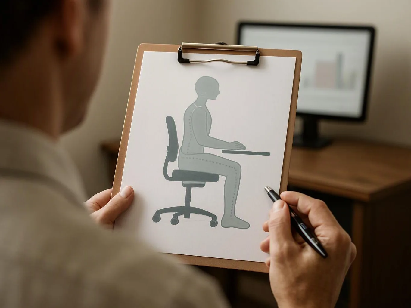 A person studies a posture diagram on a clipboard while holding a pen at a desk with a computer monitor behind them