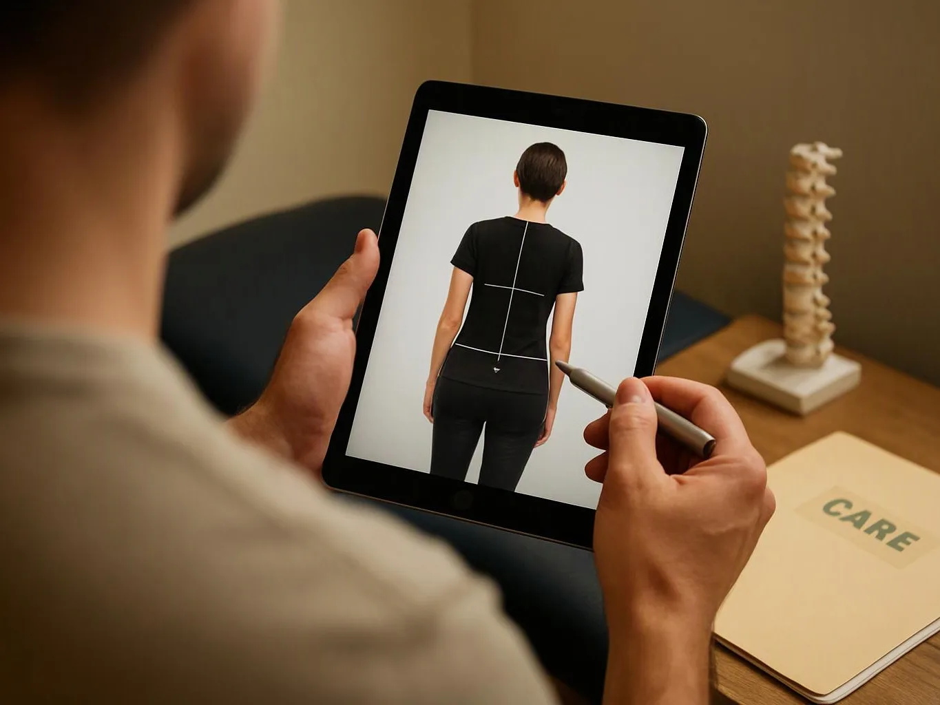A person studies a tablet showing a back-view body outline while holding a stylus at a desk with a spine model
