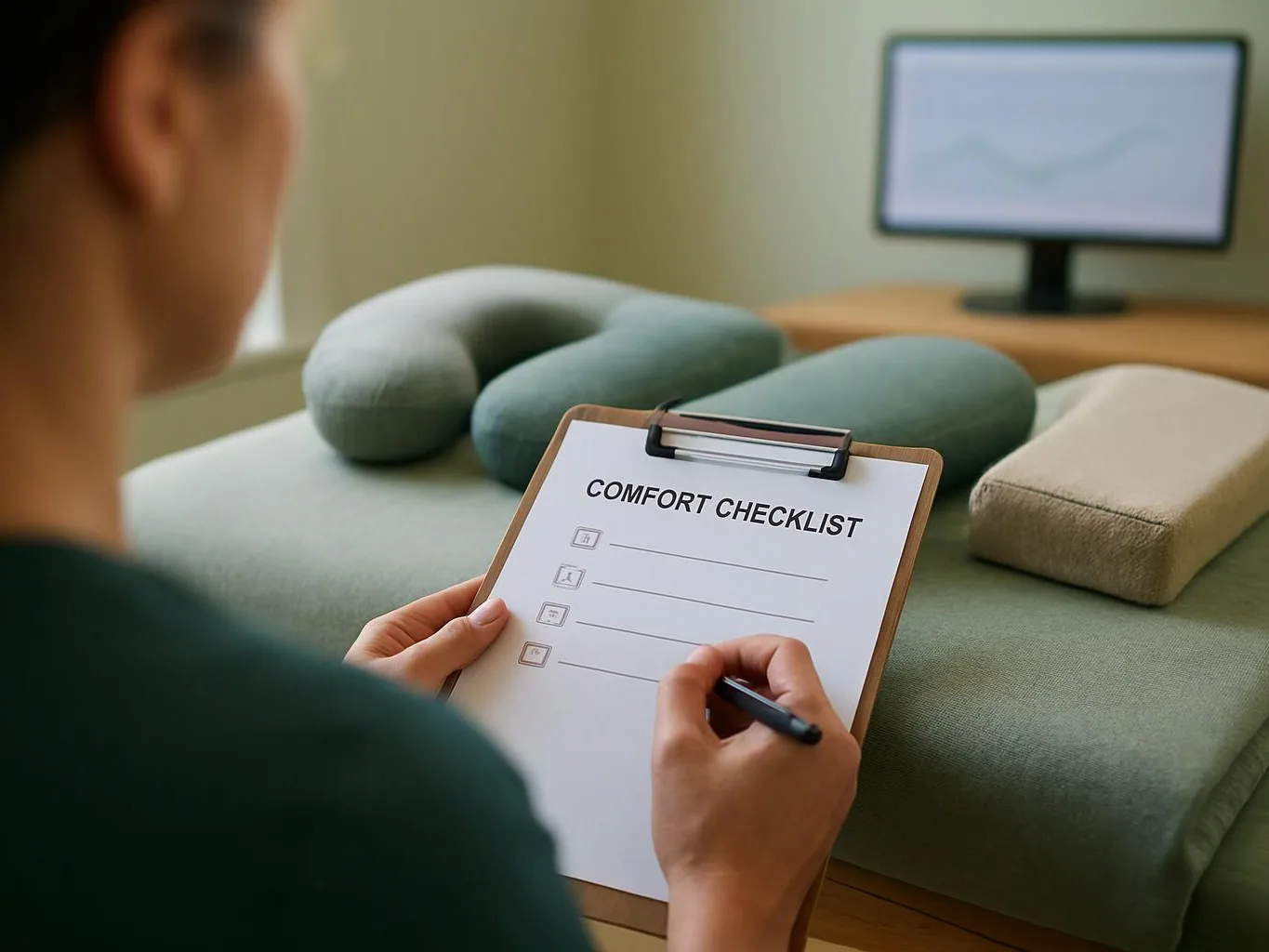 A person writes on a clipboard labeled comfort checklist while looking at a cushioned bed and a monitor with a graph