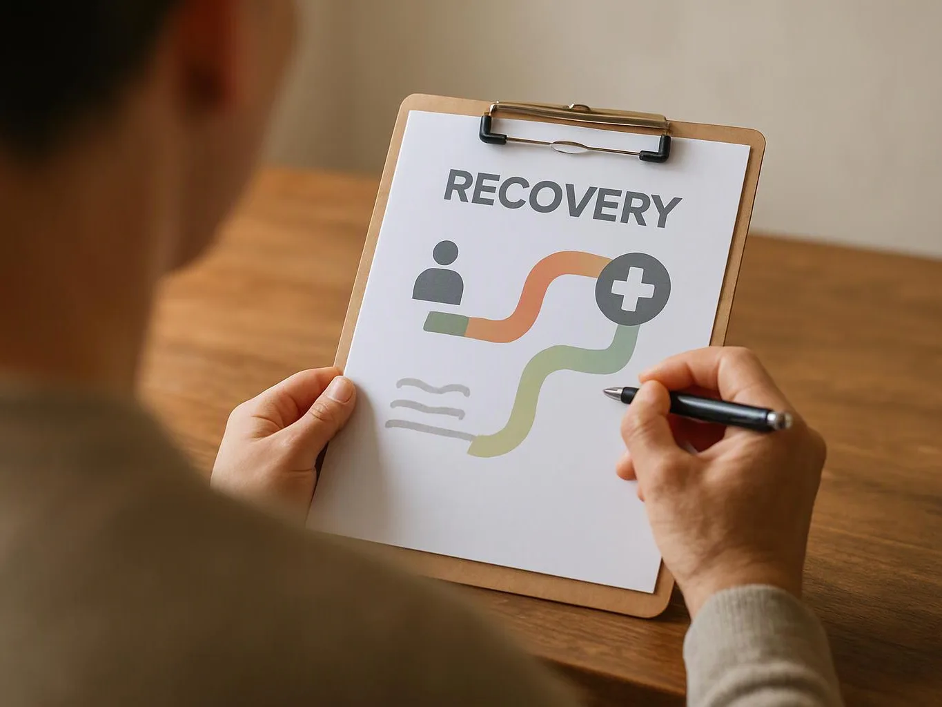 A person writes on a clipboard showing a recovery graphic and the word “RECOVERY” at a wooden table