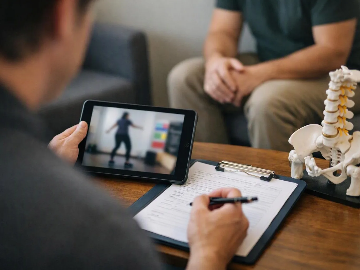 A person writes on a clipboard while a tablet shows a blurred exercise video beside a spine model on a table