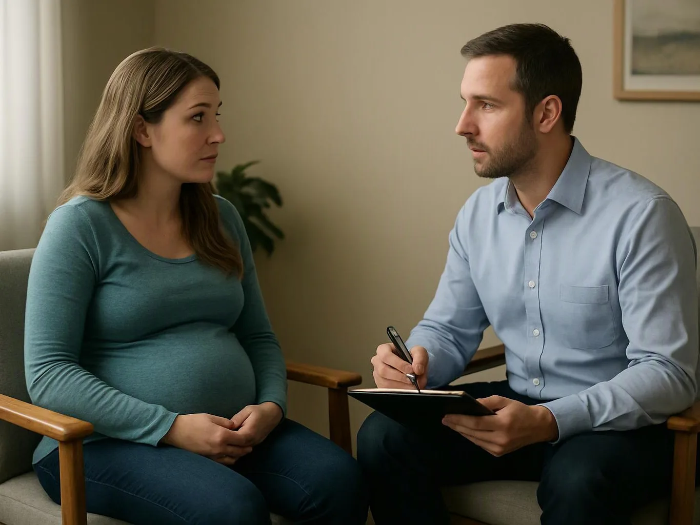 A pregnant woman sits facing a man who writes on a clipboard in a quiet room
