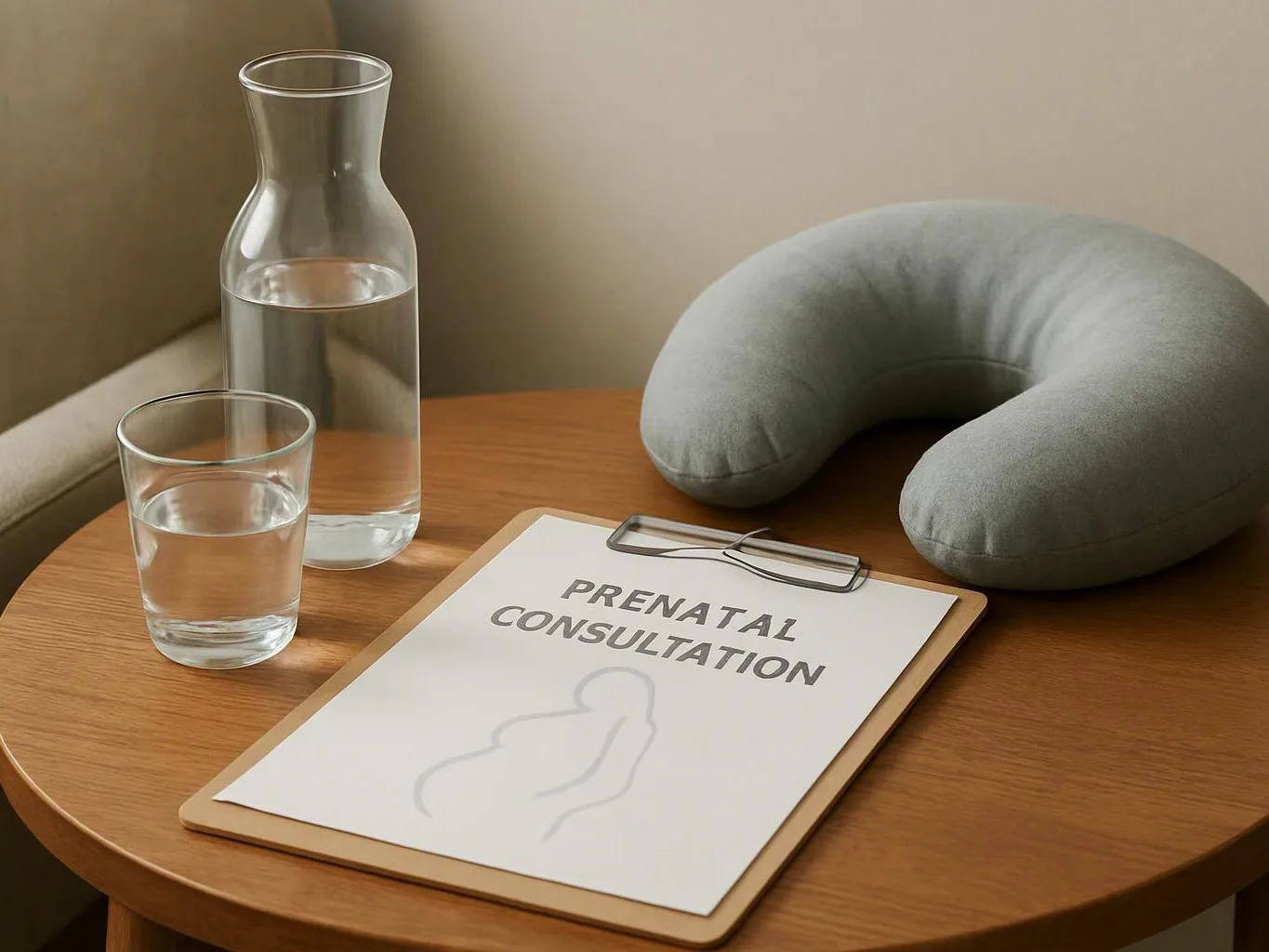 A prenatal consultation clipboard sits beside water glasses, a carafe, and a gray neck pillow on a wooden table