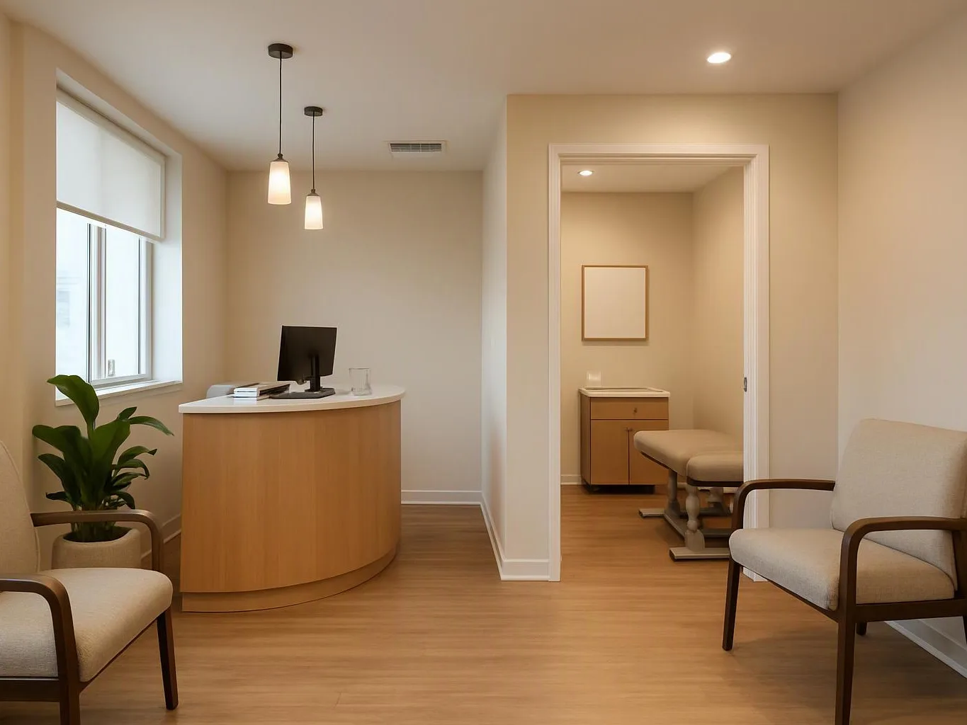 A quiet clinic waiting room with chairs, a reception desk, a potted plant, and an exam room in back