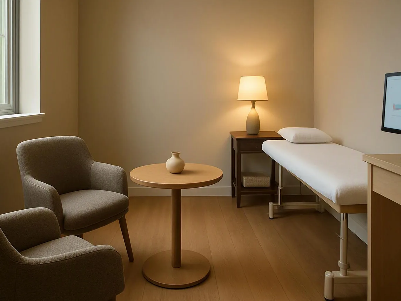 A quiet exam room has a bed, two chairs, a small table, and a glowing lamp against beige walls