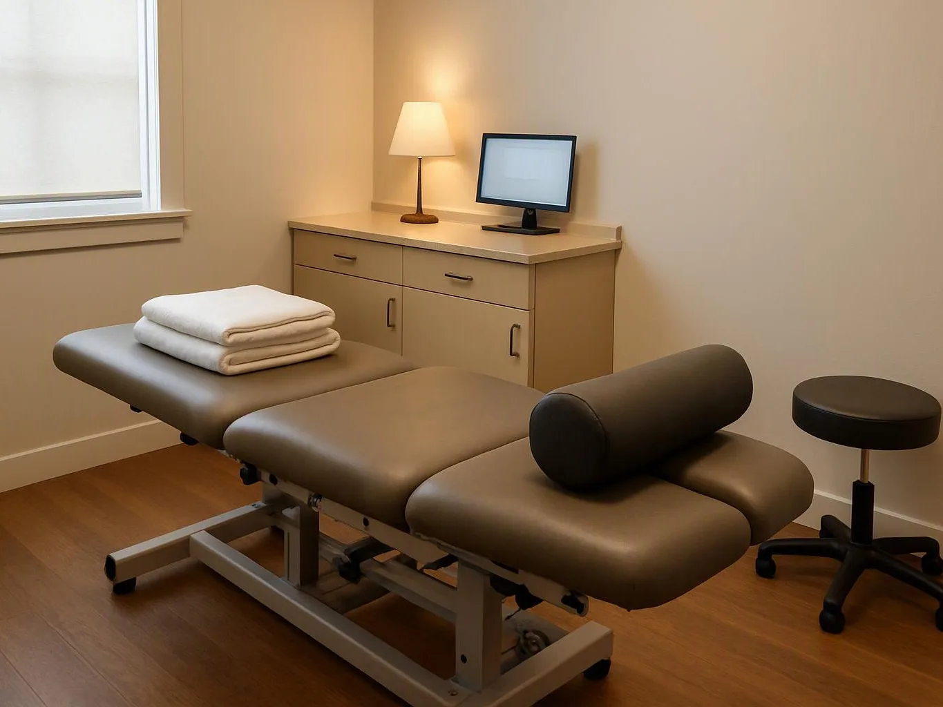 A quiet exam room shows a padded treatment table, lamp, monitor, cabinet, and stool, with folded towels and a bolster