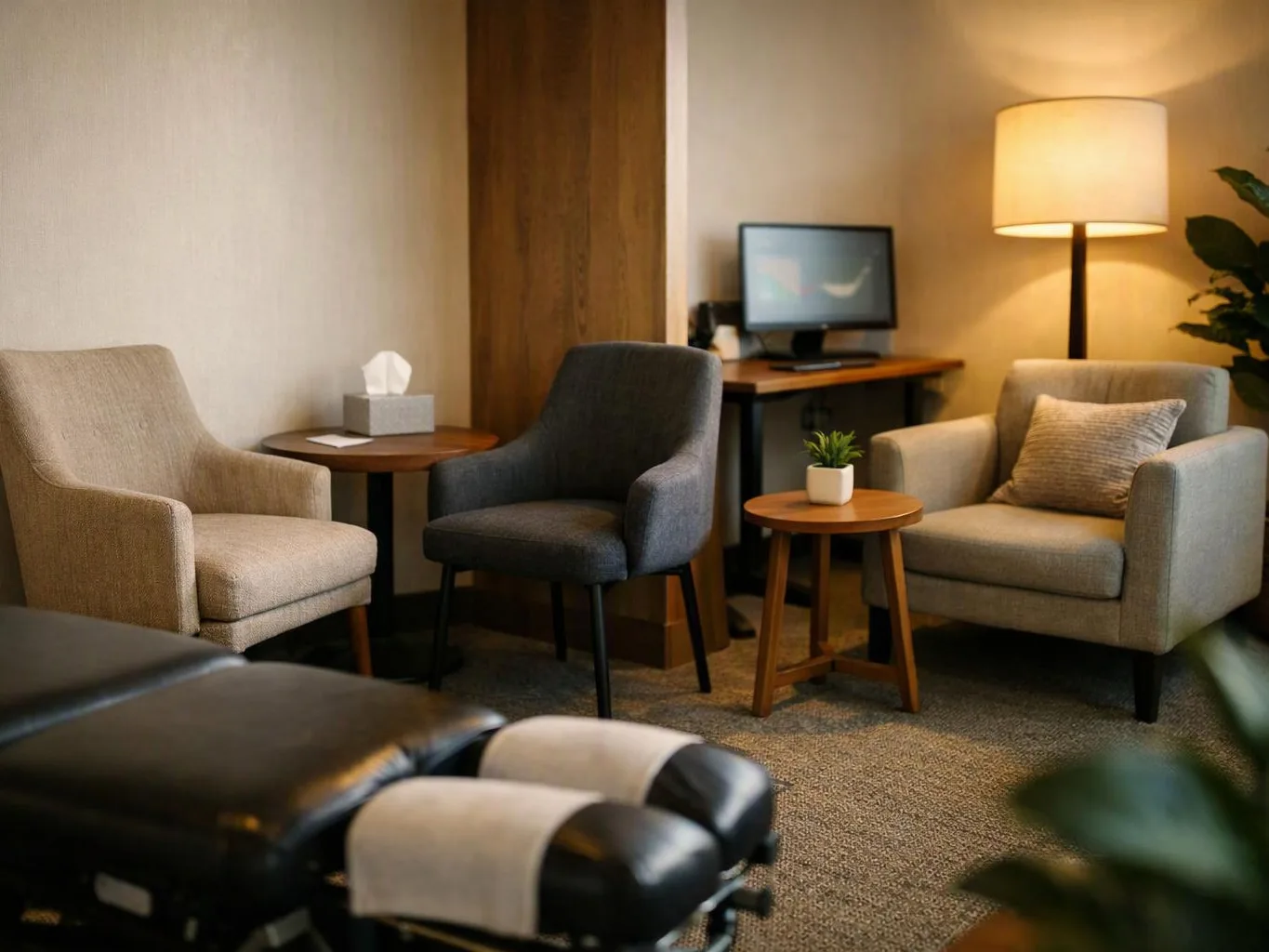 A quiet lounge has three armchairs, side tables, a floor lamp, a computer desk, and a massage chair in front