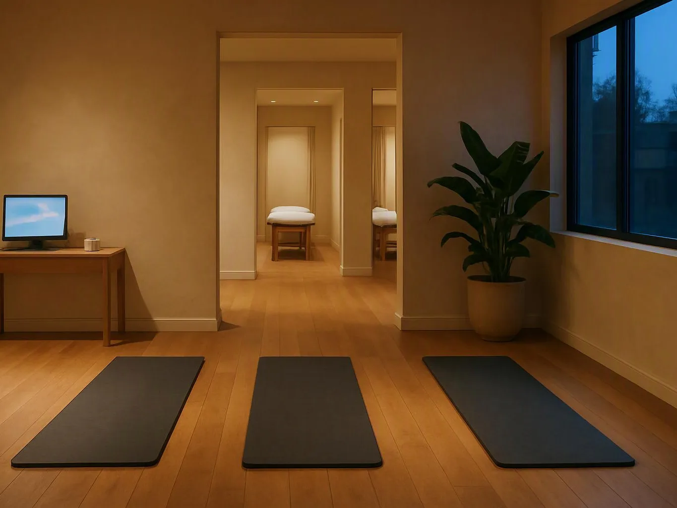 A quiet room shows three yoga mats, a potted plant, a small table with a screen, and a doorway to a treatment area
