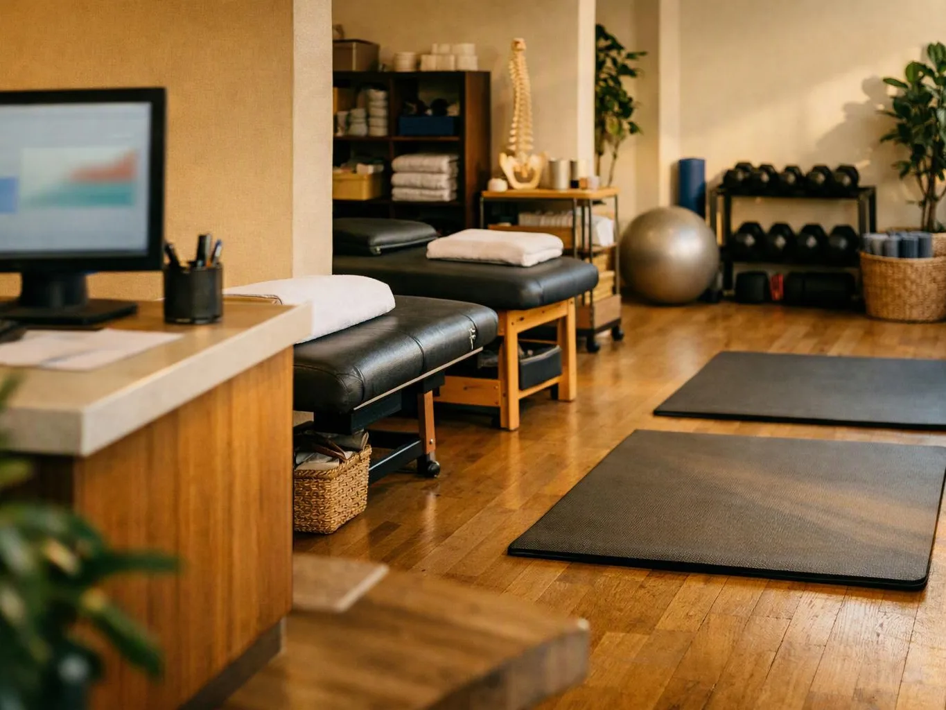 A quiet therapy room shows massage tables, exercise mats, and fitness equipment on a wooden floor