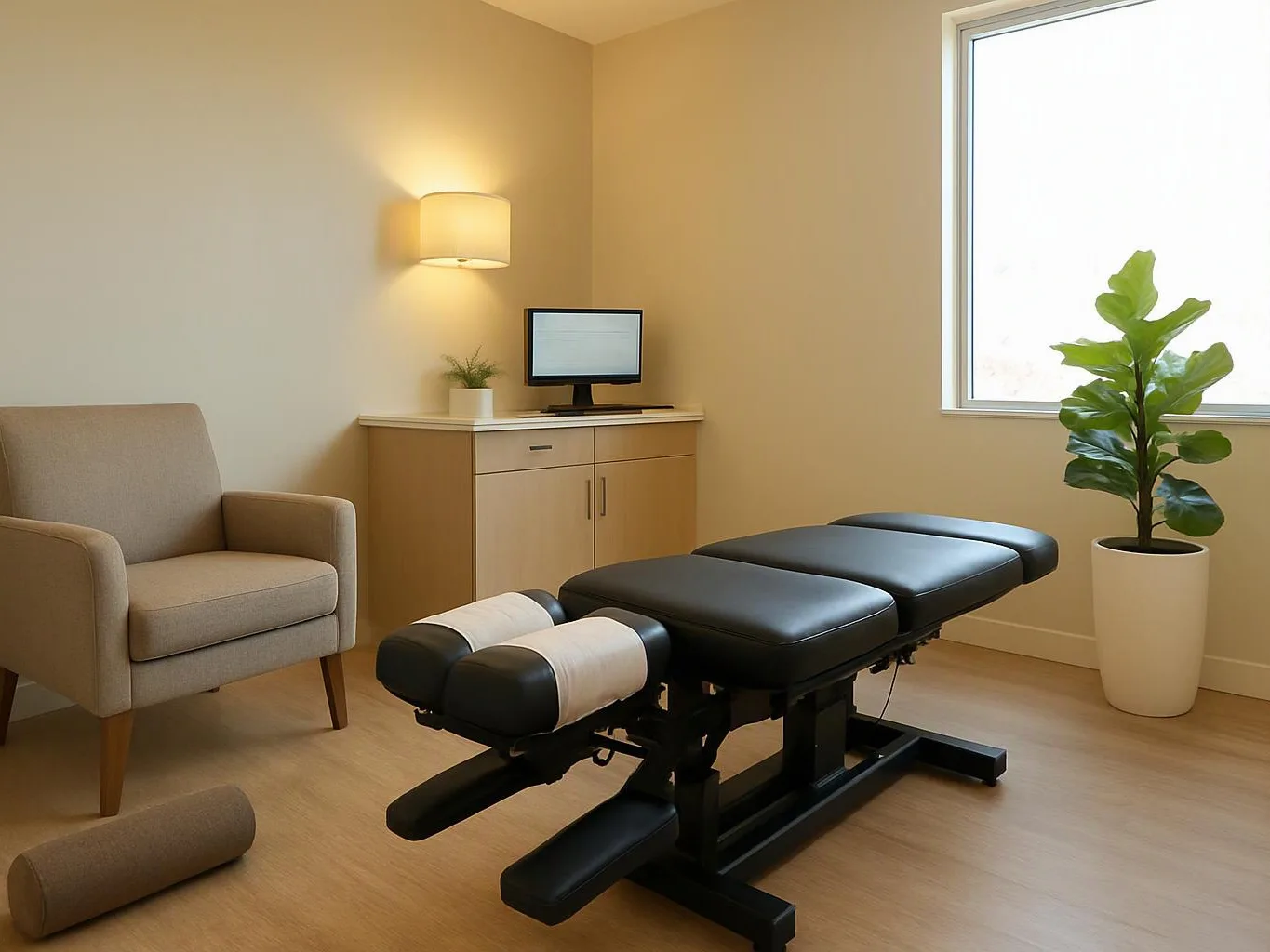 A quiet treatment room has a black massage table, beige chair, cabinet, lamp, monitor, and potted plant