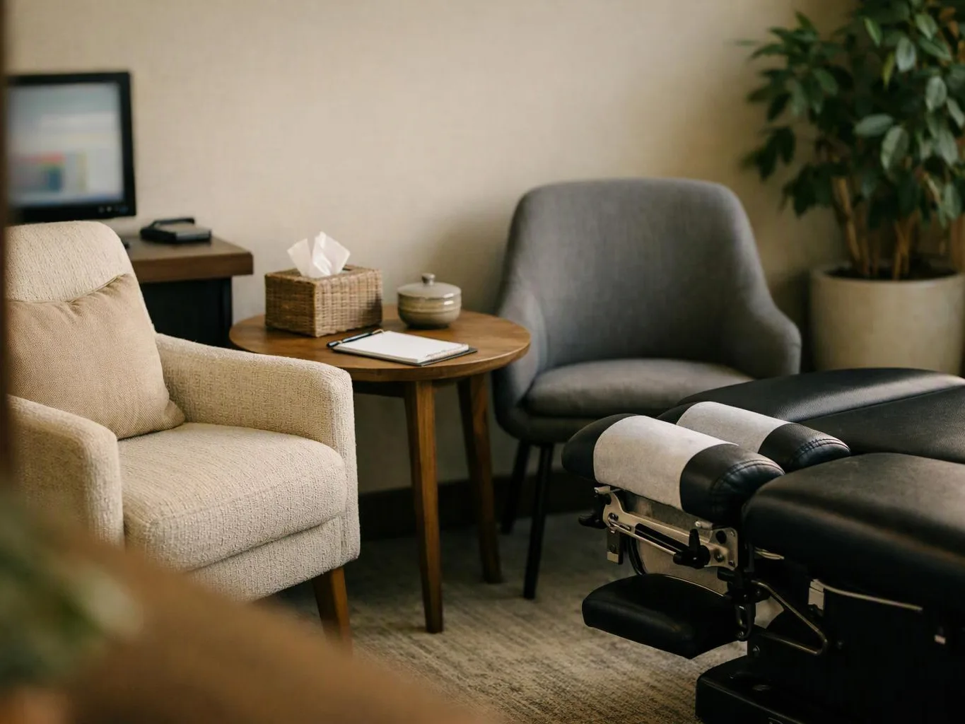 A quiet treatment room has two chairs, a small round table, and a padded exam bed with a plant in the corner