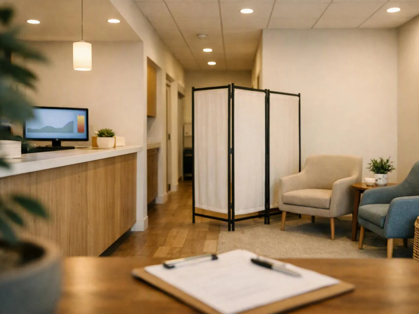 A quiet waiting room has chairs, a reception desk, and a privacy screen under warm ceiling lights