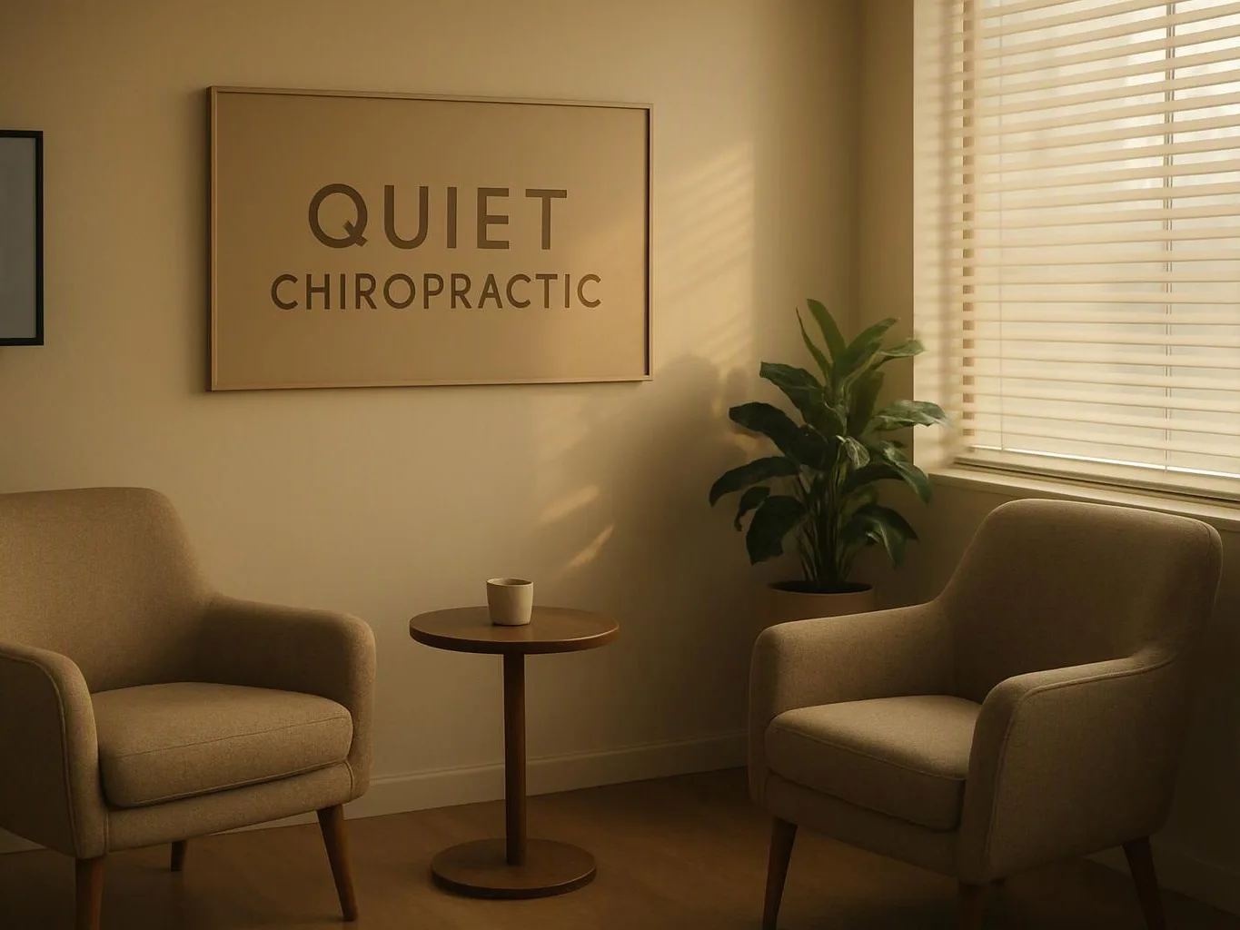 A quiet waiting room has two beige chairs, a small table, a plant, and a sign reading “QUIET CHIROPRACTIC”