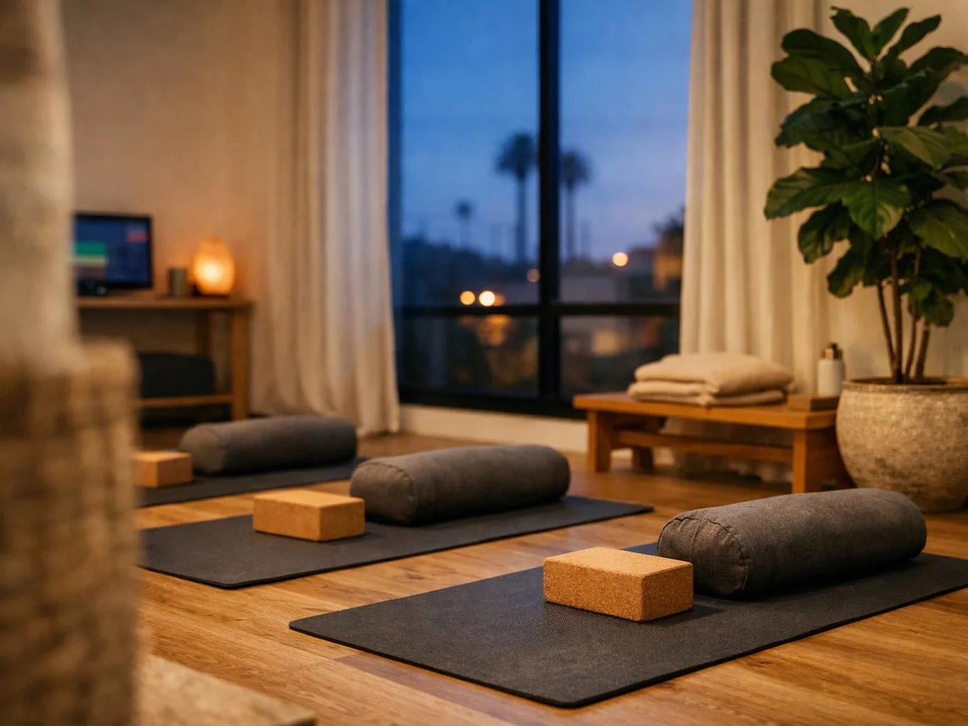 A quiet yoga room holds mats, bolster pillows, cork blocks, a potted plant, and a softly lit window at dusk