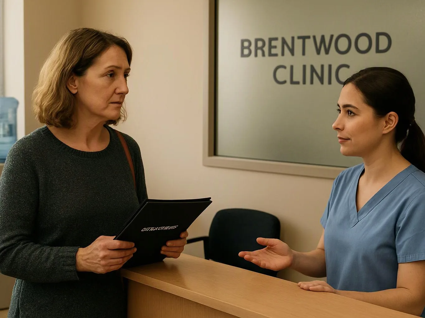 A receptionist in blue scrubs speaks with a woman holding a black folder at a clinic counter