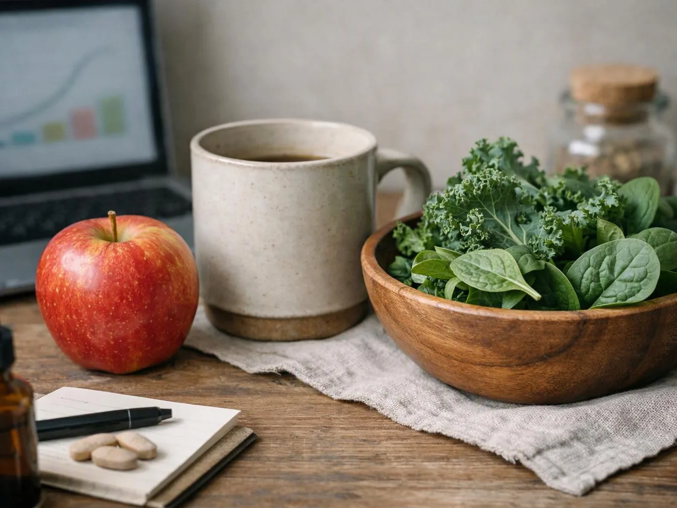 A red apple, mug, wooden bowl of greens, and notebook sit on a rustic desk near a laptop