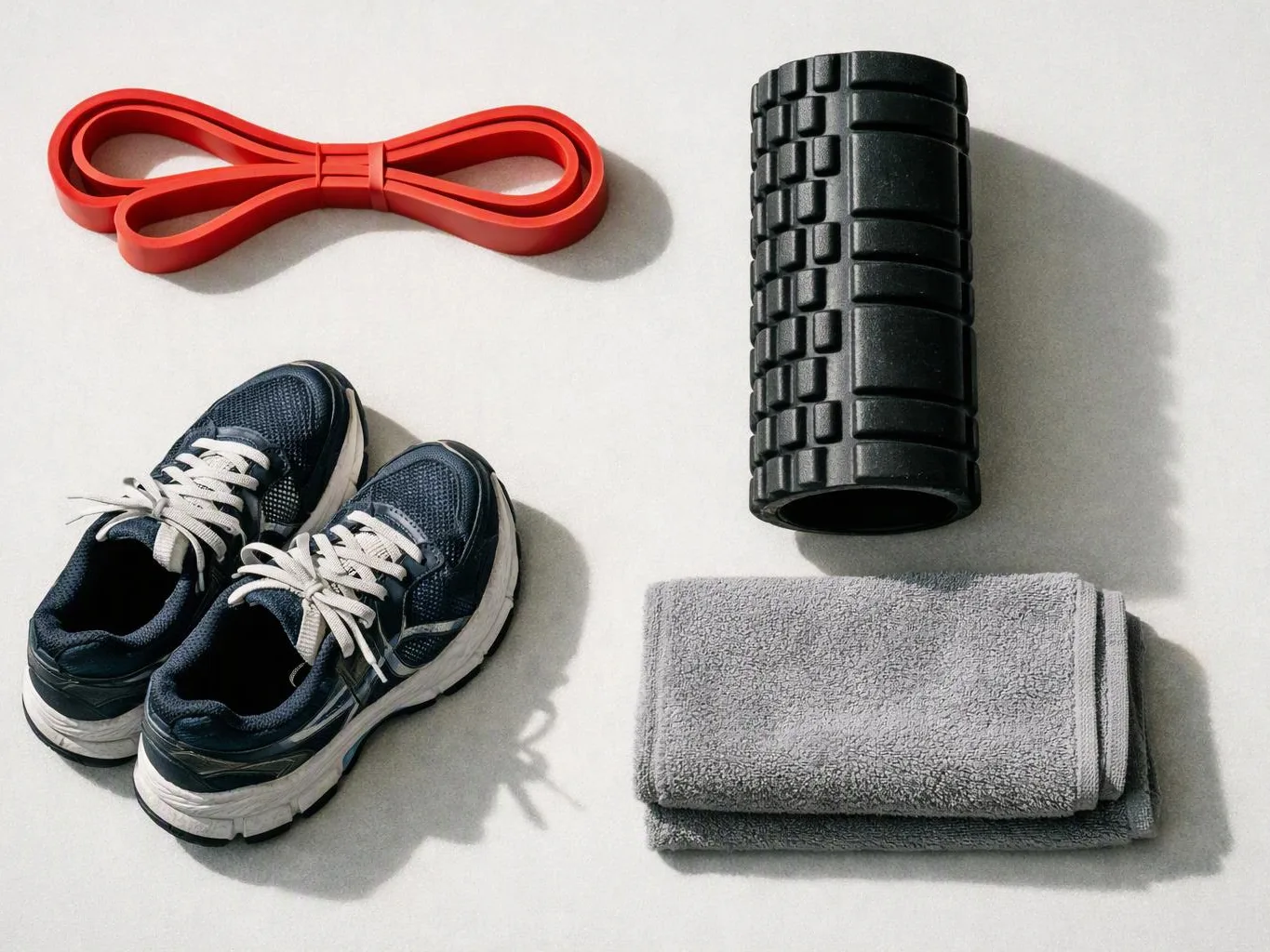 A red resistance band, black foam roller, folded gray towel, and navy running shoes lie on a white surface