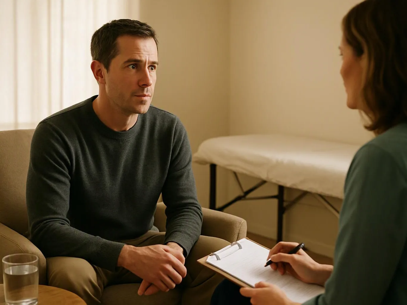 A seated man talks with a woman holding a clipboard in a plain consultation room