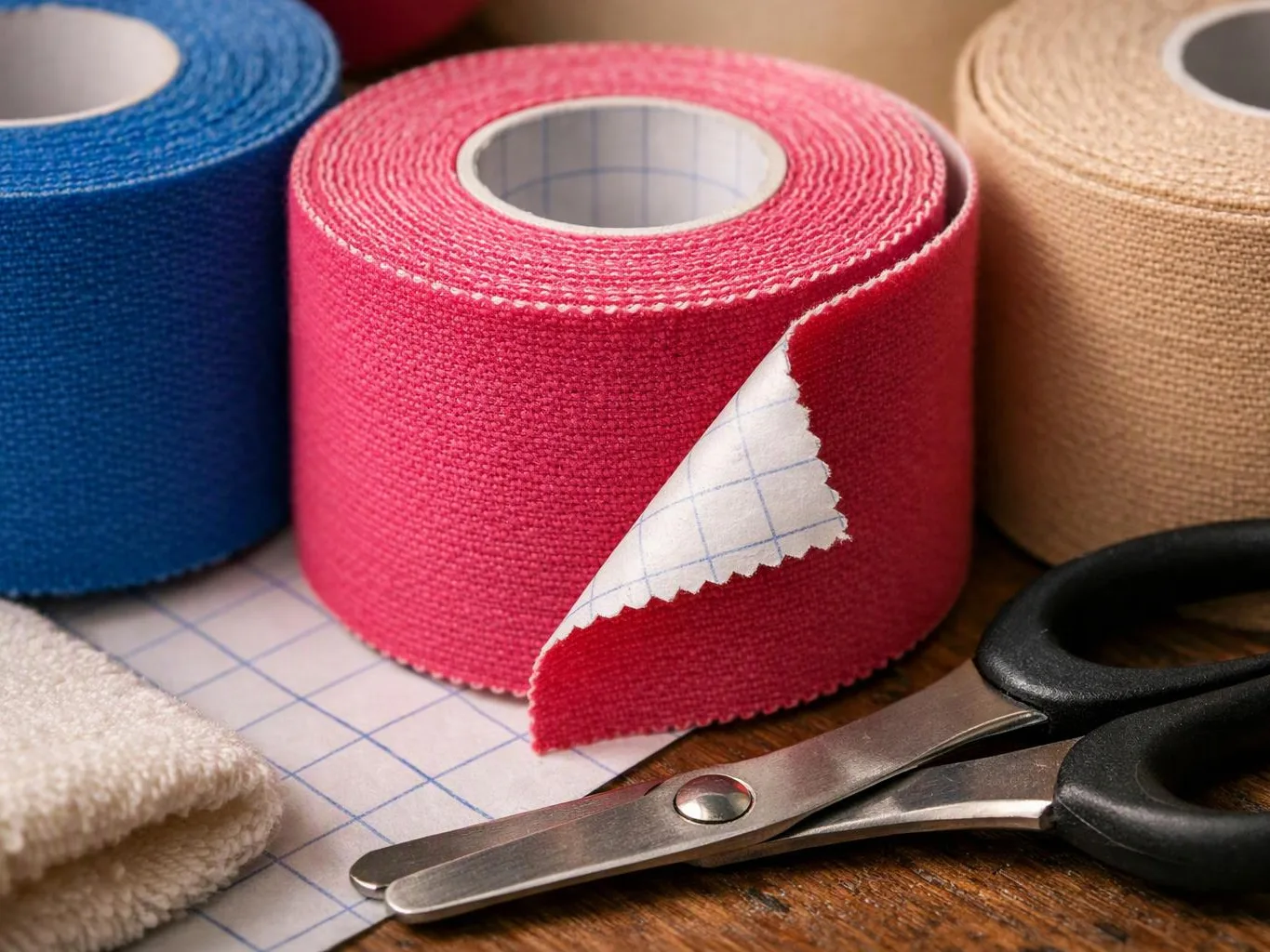 Several rolls of colorful athletic tape sit beside scissors on a wooden table