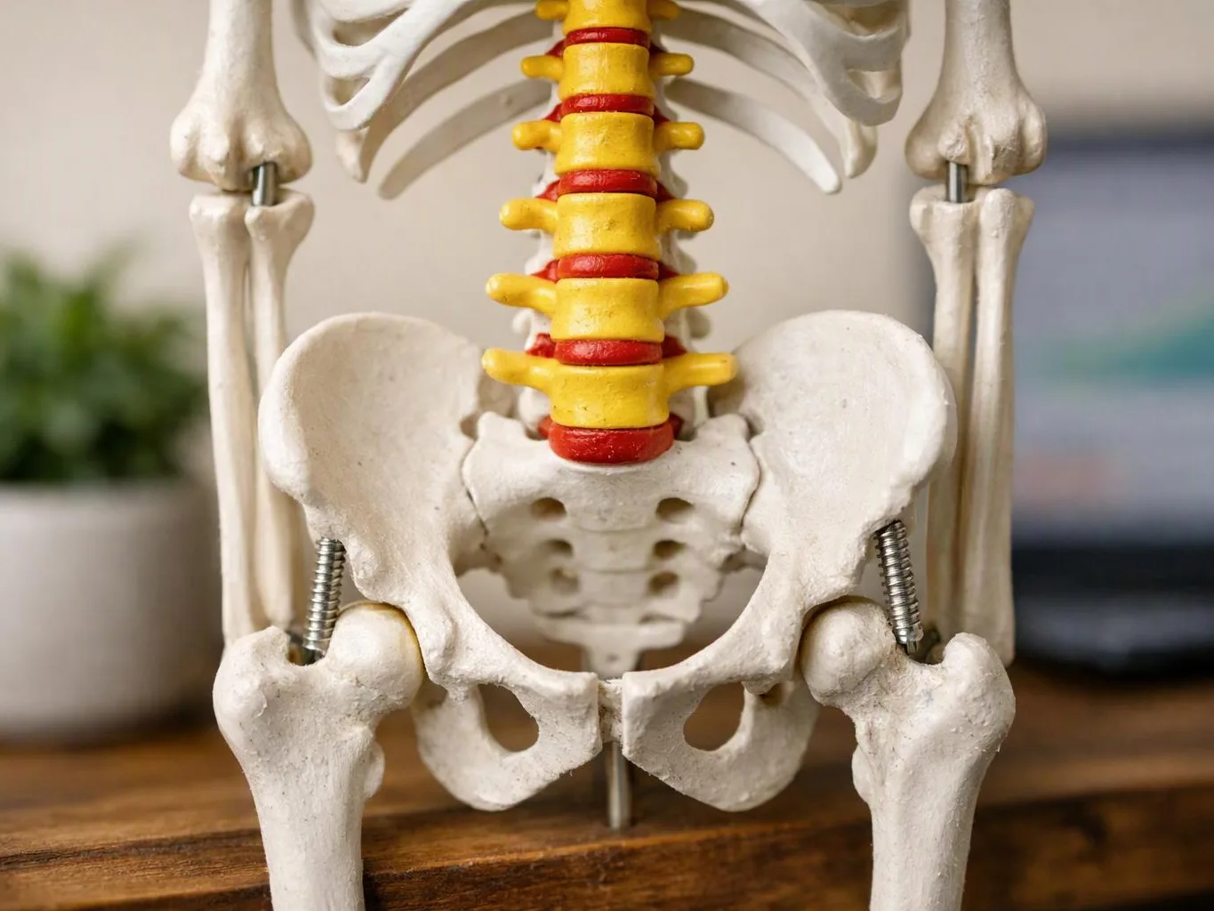 A small skeleton model shows a yellow and red spine on a wooden table indoors