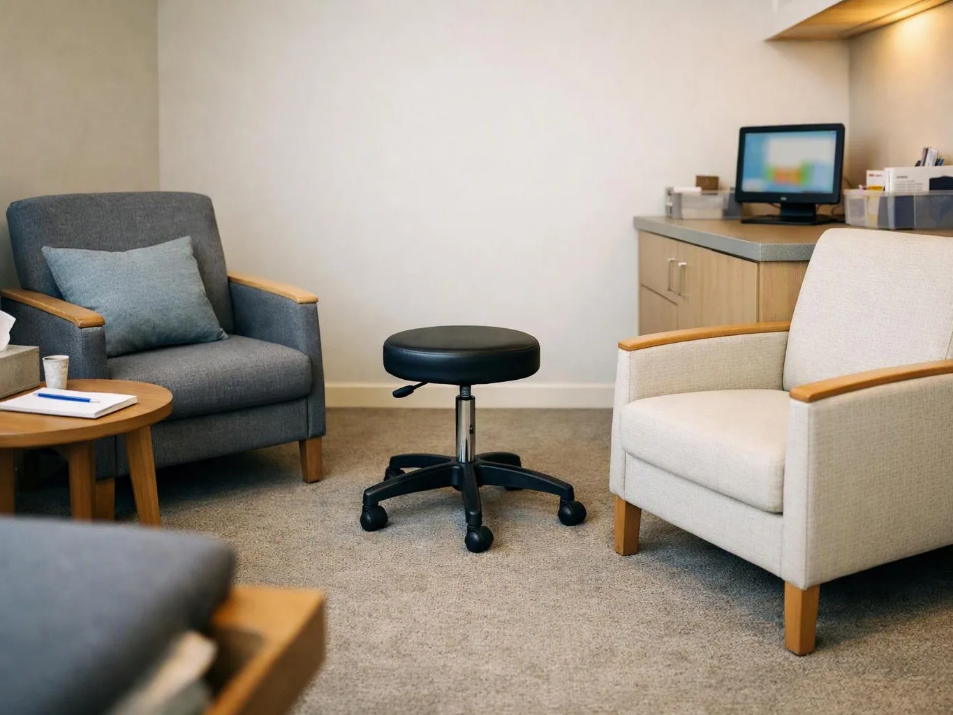 A small waiting room has two armchairs, a rolling stool, a side table, and a desk with a computer