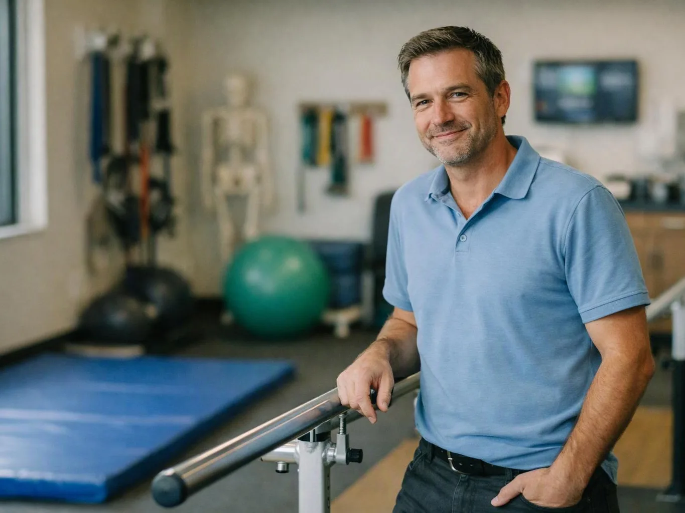 A smiling man in a blue polo leans on a handrail in a therapy room with exercise gear and mats