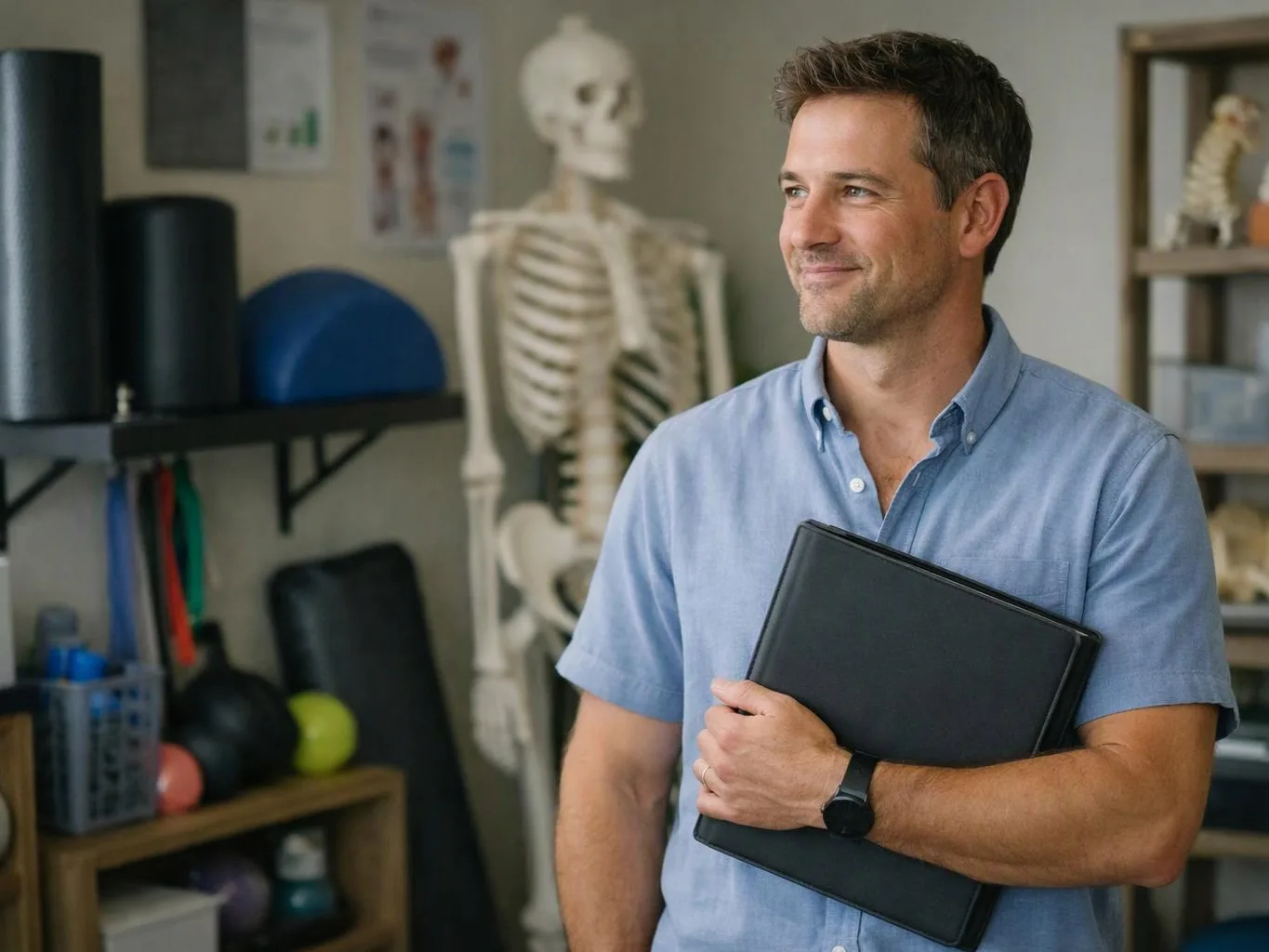 A smiling man in a blue shirt holds a black folder in a clinic room with a skeleton model and exercise equipment