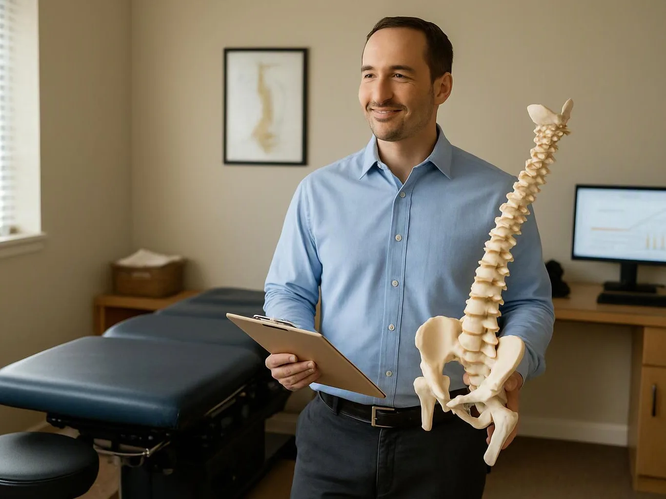 A smiling man in a blue shirt holds a clipboard and a spine model in an exam room