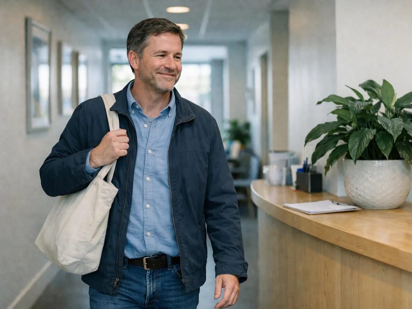 A smiling man carries a white tote bag through a bright hallway beside a wooden reception counter and potted plant
