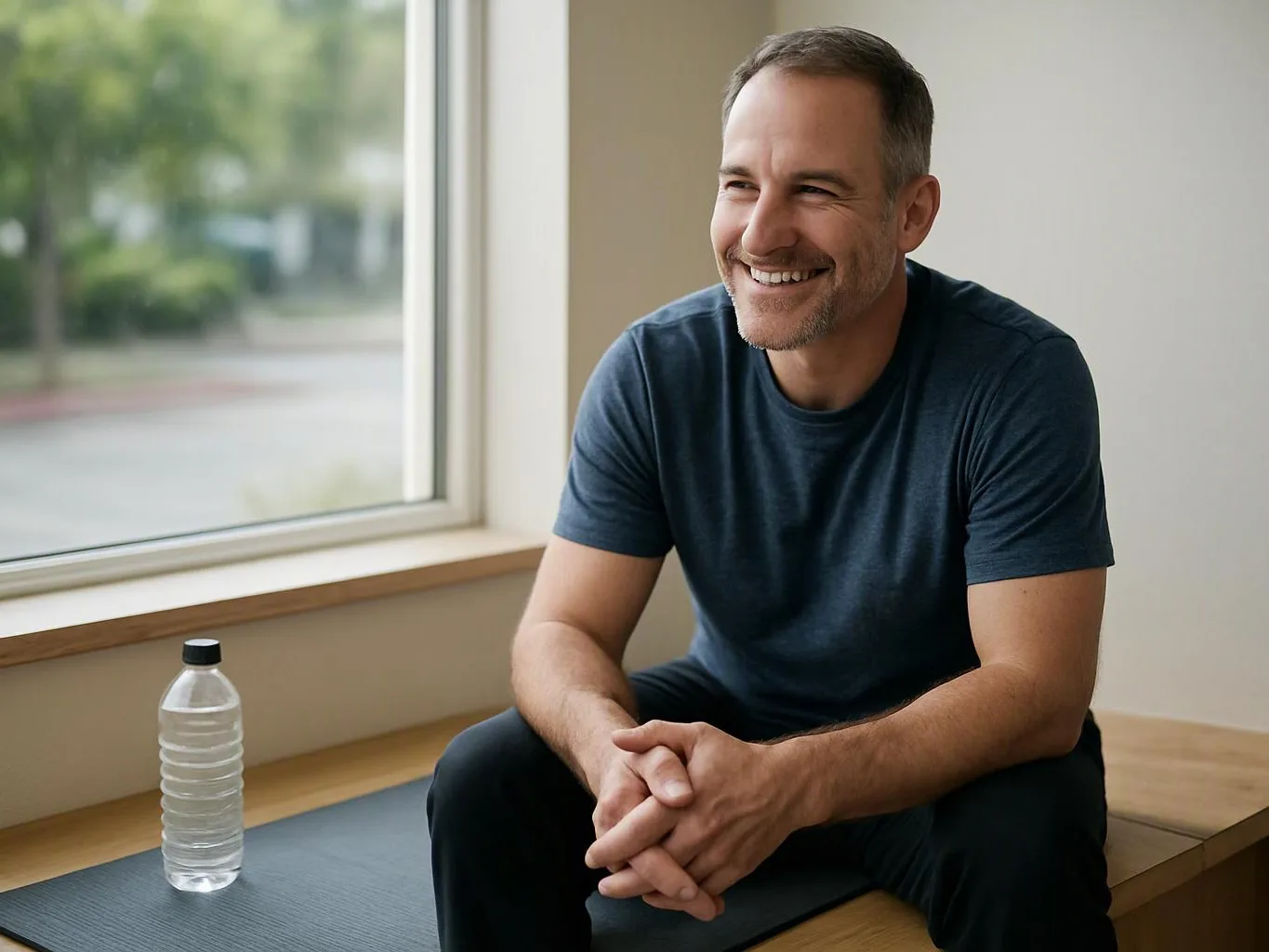 A smiling man in a dark shirt sits on a bench beside a water bottle near a large window