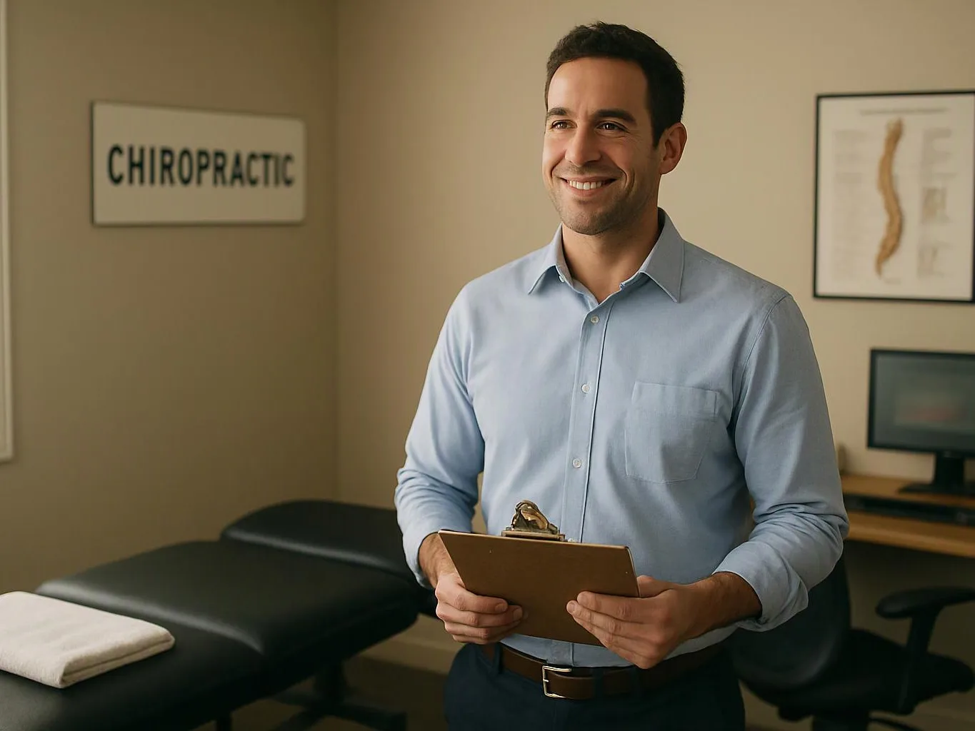 A smiling man holds a clipboard in a chiropractic exam room with treatment tables and wall signs