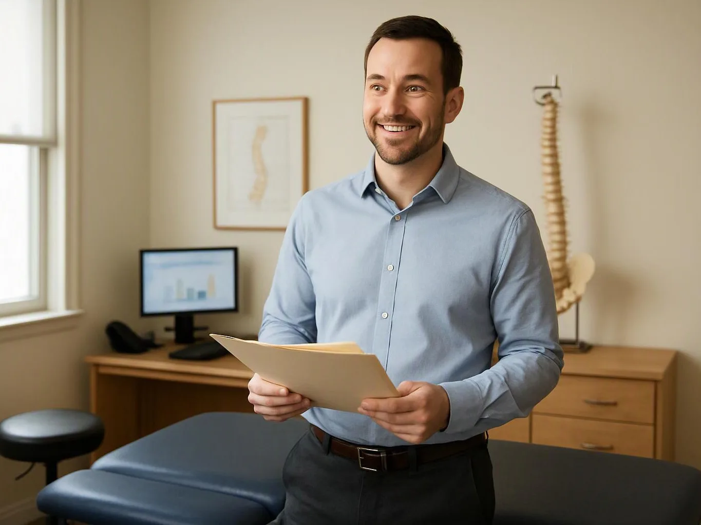 A smiling man holds a folder in a medical exam room with a desk, screen, and spine model