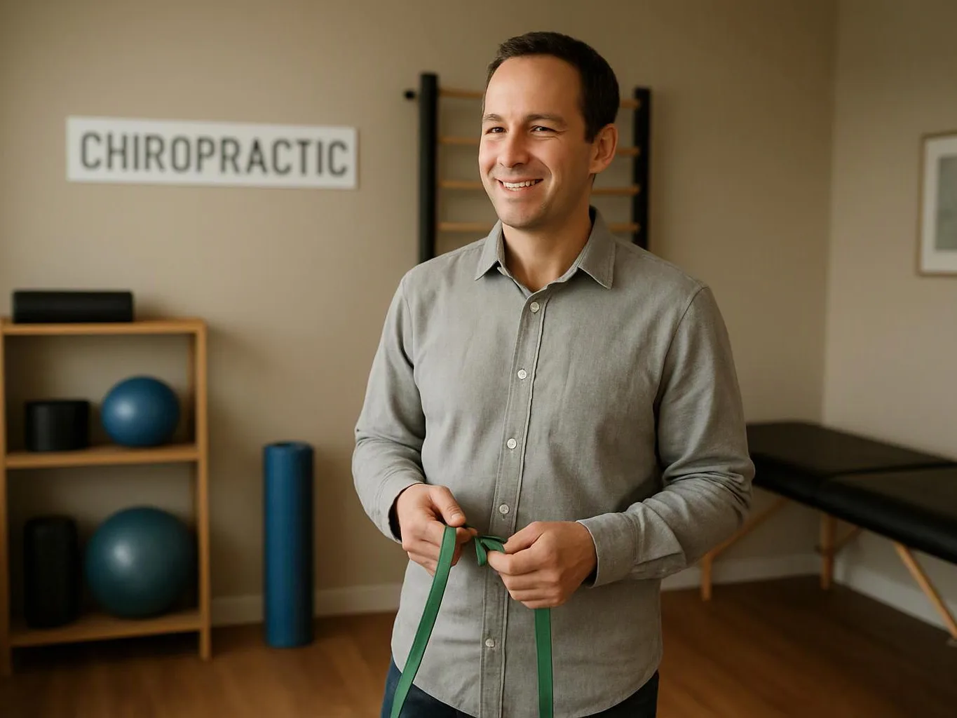 A smiling man holds a green exercise band in a chiropractic treatment room