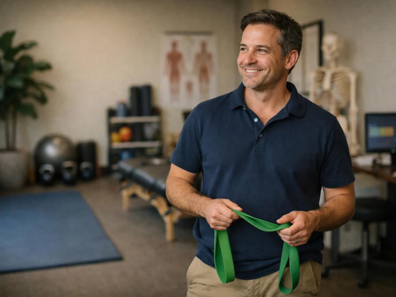 A smiling man holds a green exercise band in a therapy room with treatment tables and anatomy posters