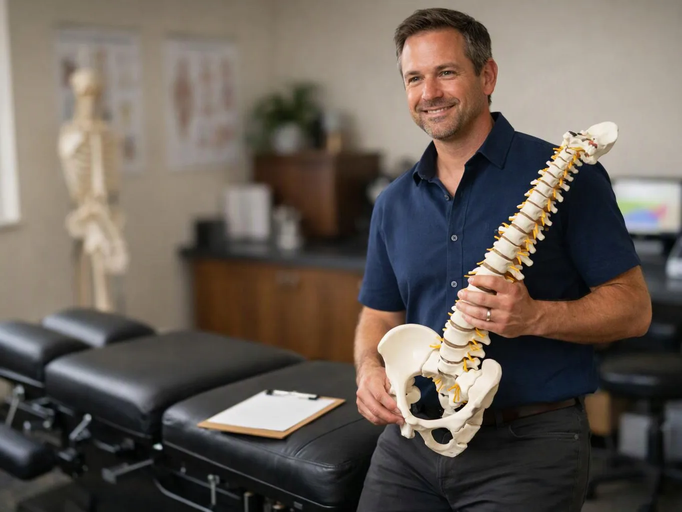 A smiling man holds a spine model in a treatment room beside an exam table and skeleton model