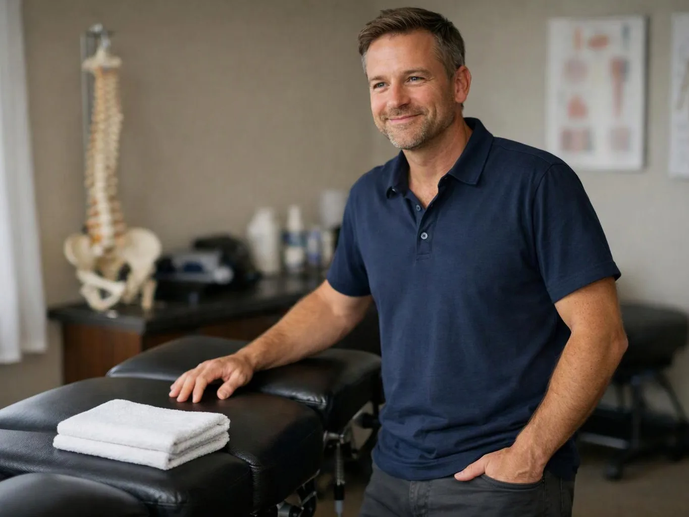 A smiling man stands beside a black exam table with folded towels in a clinical room