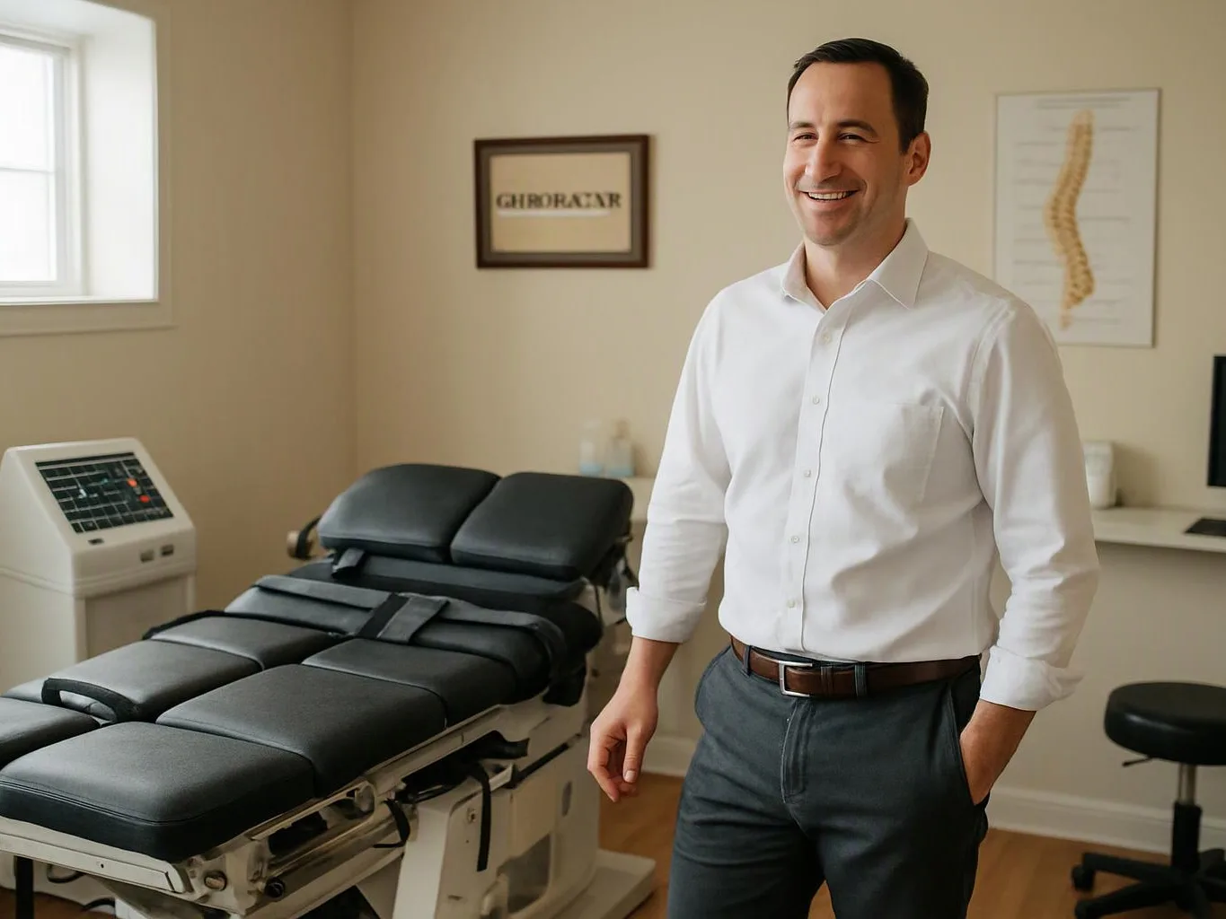 A smiling man stands beside a padded treatment table in a small clinic room