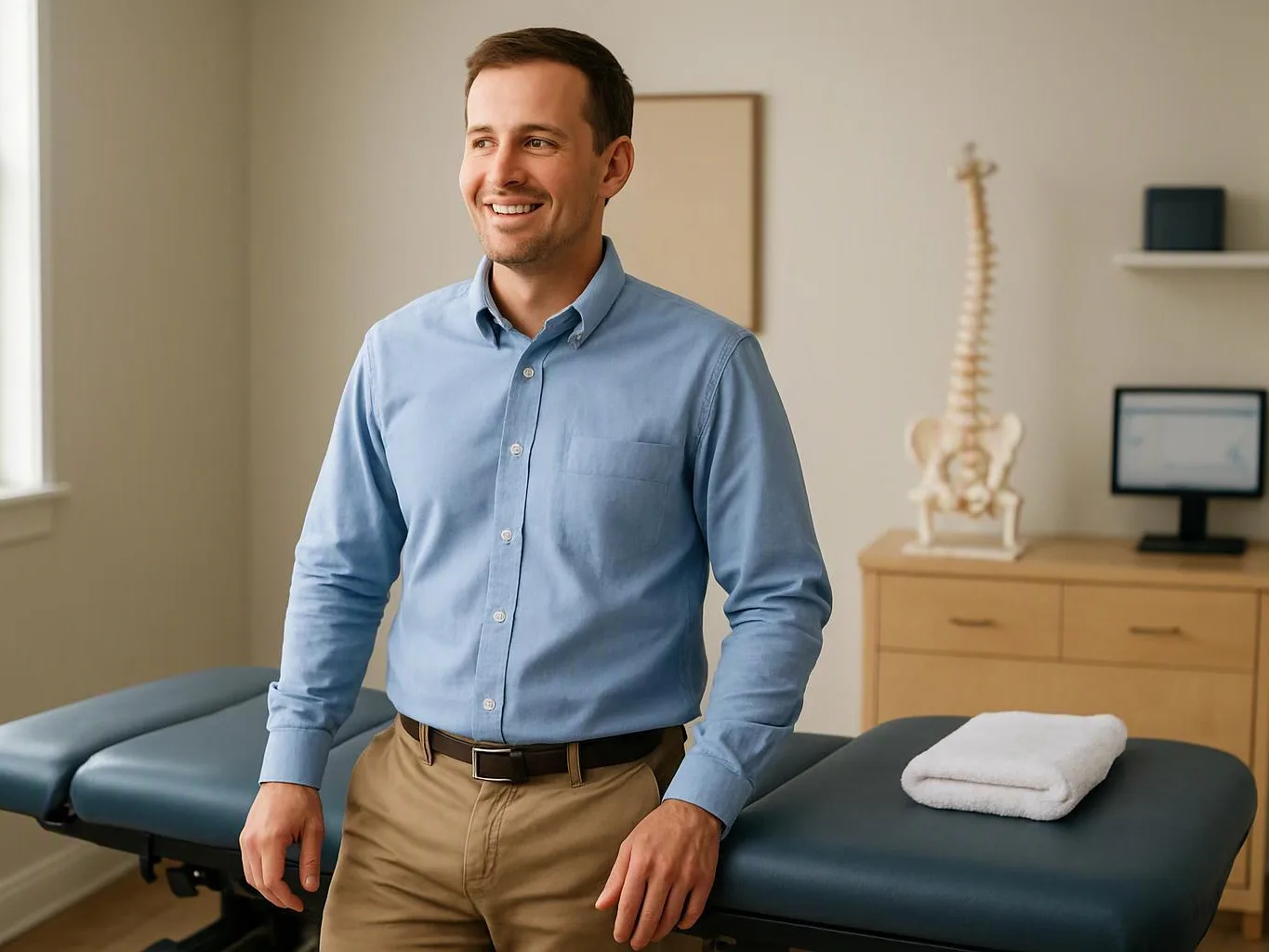 A smiling man stands beside a treatment table in a bright clinic room with a spine model and monitor behind him