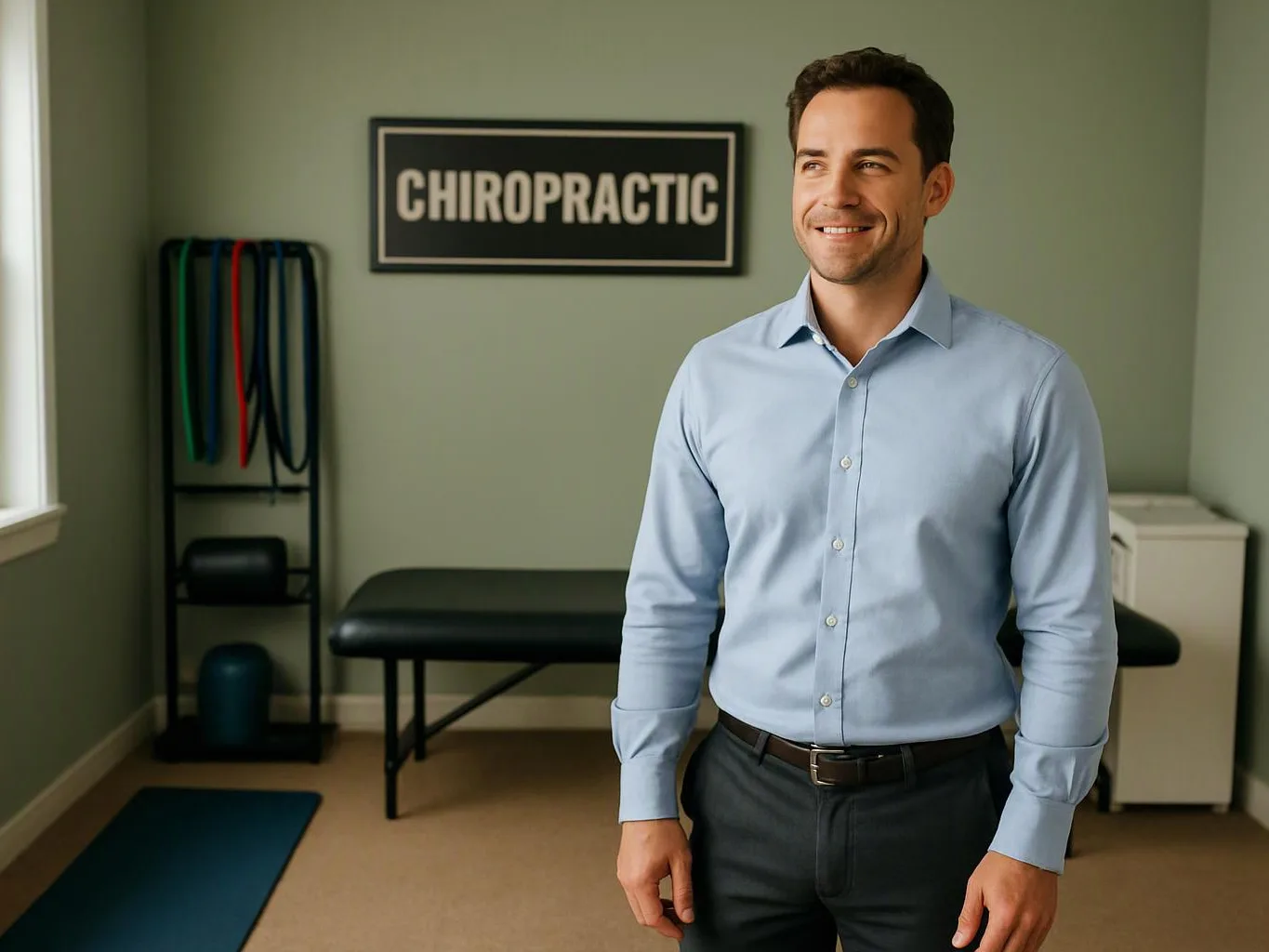 A smiling man stands in a chiropractic exam room beside a treatment table and exercise bands